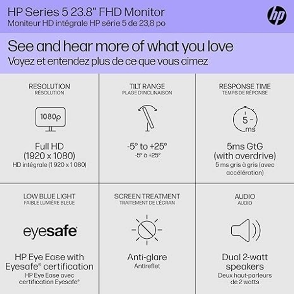 SKU-0147/ SIZE- 24"- HP Series 5 24 inch FHD Monitor, Full HD Display (1920 x 1080), IPS Panel, 99% sRGB, 1500:1 Contrast Ratio, 300 nits, Eye Ease with Eyesafe Certification, 524sa (2024)