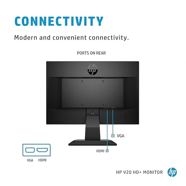 SKU-0148/ SIZE- 20"- HP V20 19.5 inch(49.53 cm) Monitor HD+1600 x 900 Pixels Anti-Glare; Low Blue Light Mode, HDMI; VGA, 5ms Response time,VESA Mount, 2.81kg (1H848AA)