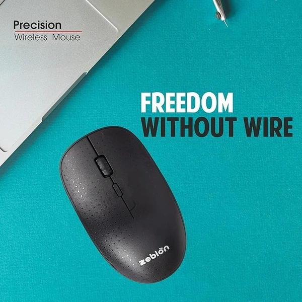 SKU-0173/ MOUSE- WIRELESS- Zebion Precision 4G Wireless Mouse, USB Nano Receiver, Adjustable DPI 800/1000/1600, Automatic Sleep State, Transmission rang Upto 10M, Required for 2 AAA Batteries, Silent Switch, Black Color