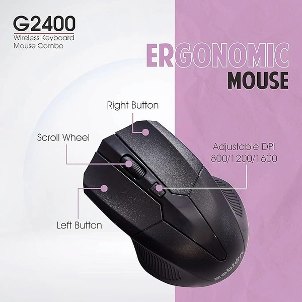 SKU-0207/ COMBO- WIRELESS- ZEBION G2400 Wireless Keyboard Mouse Combo with Nano Receiver, Tested with Over 1 Billion keystrokes and clicks,Durable Body, Multimedia Keyboard, Adjustable DPI, 1 Year Warranty, Black Color
