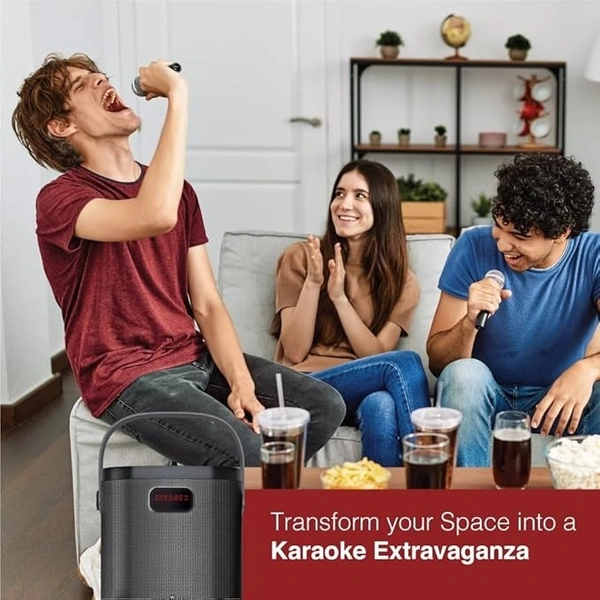 SKU-0283/ SPEAKERS- FINGERS 2Mic-GrooveBox Portable Speaker with 2 Wireless Mics (6.5 -Hour Playback, 20 W Intense Bass, Recording Feature, Bluetooth® | USB | MicroSD | FM Radio | AUX) – Rich Black