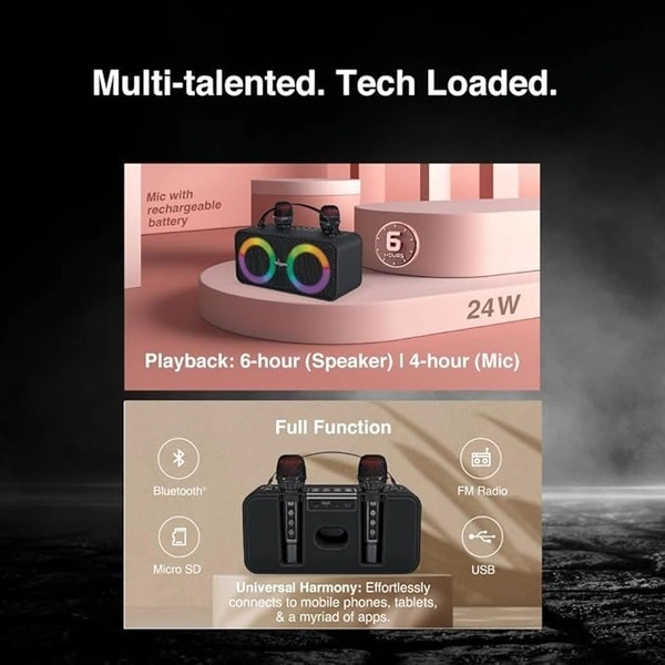 SKU-0284/ SPEAKERS- FINGERS 2Mic-Karaoke Portable Speaker with 2 Wireless Mics (RGB Lights, 6-Hour Playback, 24 W Intense Bass, Bluetooth® | USB | MicroSD | FM Radio) – Rich Black