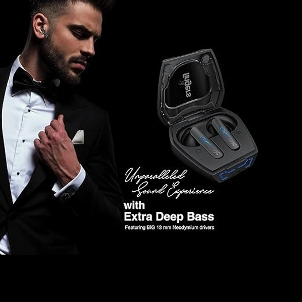 SKU-0313/ EARBUDS- FINGERS Tuxedo TWS Earbuds with 32-Hour Playtime, Fast Charging, 13mm Neodymium Drivers, Surround Noise Cancellation (SNC Technology) Built-in Mic, IPX4 Sweat Resistant, Voice Assistant (Luxe Black)