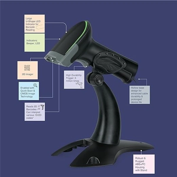 SKU-0335/ BARCODE SCANNER- WIRED- FINGERS 2D-QuickScan W9 USB Wired Barcode Scanner (Reads 1D/2D codes | Scan Rate: 200 scans/sec | Quick Scan & CMOS Image Technology | Ergonomic Design with U-Shaped LED Indicator)