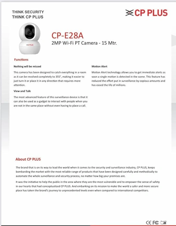 CCTV- WIFI CAMERA- CP PLUS 2MP Full HD Wi-fi CCTV Camera | 360°View PT Camera | Motion Tracking | Cloud Monitoring | 2-Way Talk, Night Vision| Support SD Card (Up to 256 GB) | Privacy Mode - CP-E28A