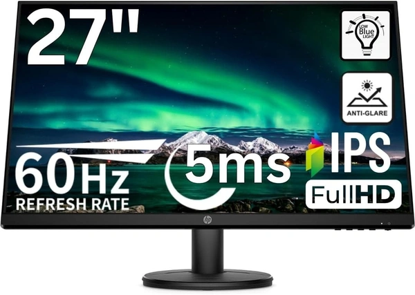 SKU-0145/ SIZE- 27"- HP V27I G5 Fhd LED Monitor, 27 Inch(68.6 Cm) 3-Sided Micro-Edge Anti-Glare Low Blue Light, Flicker Free, 5 Ms Response Time, Isp Panel(Black)