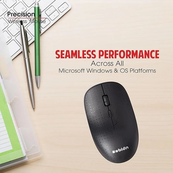 SKU-0173/ MOUSE- WIRELESS- Zebion Precision 4G Wireless Mouse, USB Nano Receiver, Adjustable DPI 800/1000/1600, Automatic Sleep State, Transmission rang Upto 10M, Required for 2 AAA Batteries, Silent Switch, Black Color