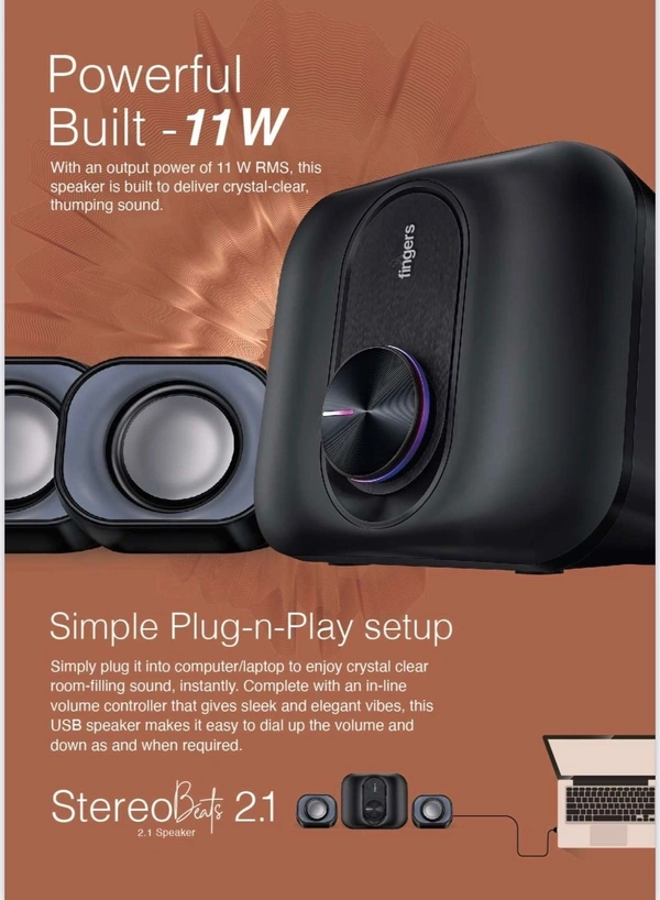 SKU-0277/ SPEAKERS- FINGERS StereoBeats 2.1 Channel Multimedia Wired Speaker (USB Powered with 3.5 mm stereo input | Powerful 11 Watts | for Computer PCs & Laptops) - Rich Black