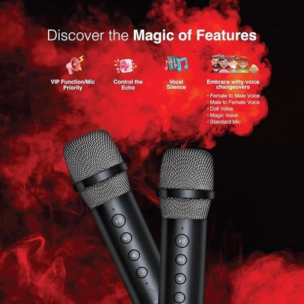 SKU-0283/ SPEAKERS- FINGERS 2Mic-GrooveBox Portable Speaker with 2 Wireless Mics (6.5 -Hour Playback, 20 W Intense Bass, Recording Feature, Bluetooth® | USB | MicroSD | FM Radio | AUX) – Rich Black