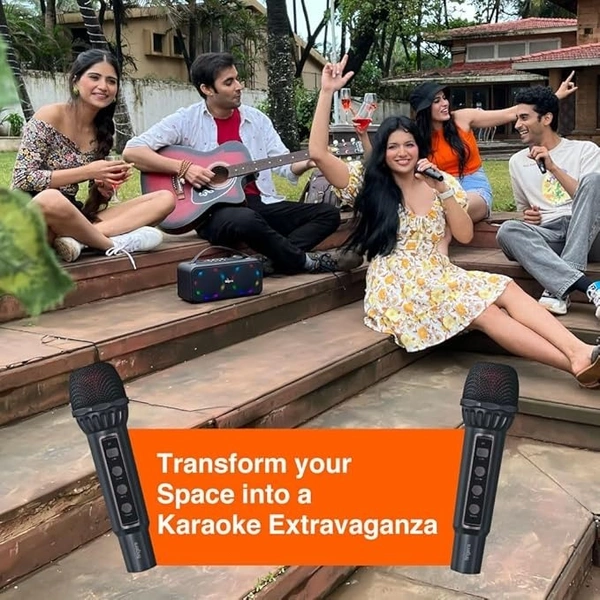 SKU-0284/ SPEAKERS- FINGERS 2Mic-Karaoke Portable Speaker with 2 Wireless Mics (RGB Lights, 6-Hour Playback, 24 W Intense Bass, Bluetooth® | USB | MicroSD | FM Radio) – Rich Black