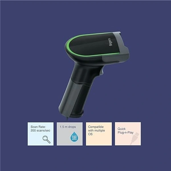 SKU-0335/ BARCODE SCANNER- WIRED- FINGERS 2D-QuickScan W9 USB Wired Barcode Scanner (Reads 1D/2D codes | Scan Rate: 200 scans/sec | Quick Scan & CMOS Image Technology | Ergonomic Design with U-Shaped LED Indicator)