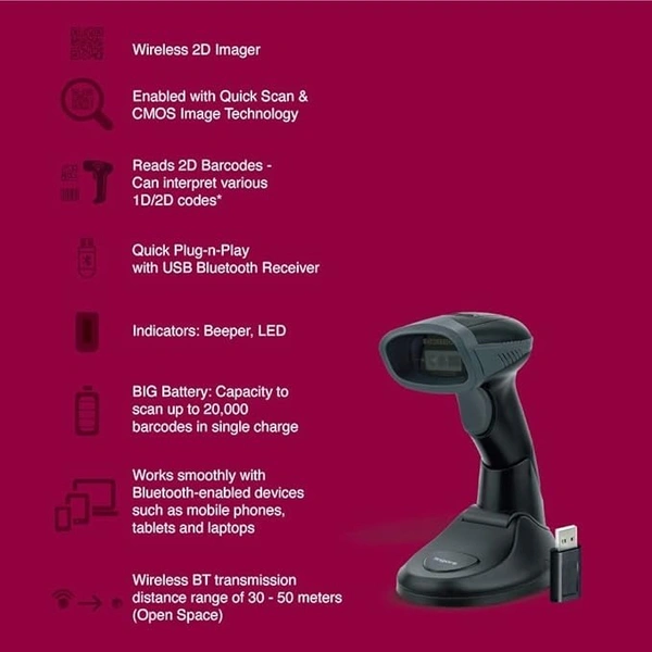 SKU-0337/ BARCODE SCANNER- WIRELESS- FINGERS 2D-QuickScan WL5 Wireless Barcode Scanner (2D Technology, 3-in-1: Bluetooth | Wireless with 2.4 GHz USB Receiver | Wired with Type-C Cable)