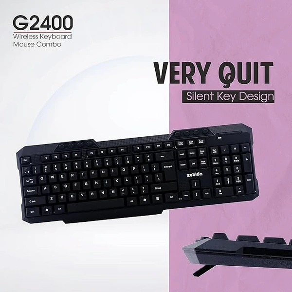 SKU-0207/ COMBO- WIRELESS- ZEBION G2400 Wireless Keyboard Mouse Combo with Nano Receiver, Tested with Over 1 Billion keystrokes and clicks,Durable Body, Multimedia Keyboard, Adjustable DPI, 1 Year Warranty, Black Color