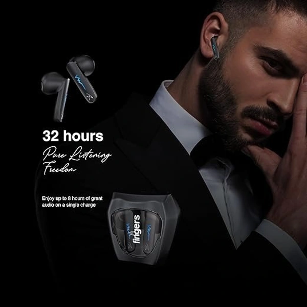 SKU-0313/ EARBUDS- FINGERS Tuxedo TWS Earbuds with 32-Hour Playtime, Fast Charging, 13mm Neodymium Drivers, Surround Noise Cancellation (SNC Technology) Built-in Mic, IPX4 Sweat Resistant, Voice Assistant (Luxe Black)