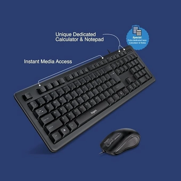 SKU-0320/ COMBO- WIRED- FINGERS FusionCombo Wired USB Keyboard and Mouse Set (Instant Access with 14 Quick Soft Touch Keys & Rupee Key)