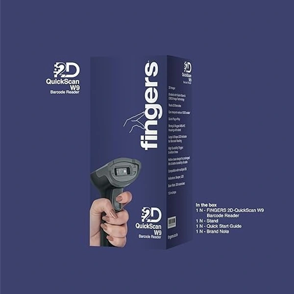 SKU-0335/ BARCODE SCANNER- WIRED- FINGERS 2D-QuickScan W9 USB Wired Barcode Scanner (Reads 1D/2D codes | Scan Rate: 200 scans/sec | Quick Scan & CMOS Image Technology | Ergonomic Design with U-Shaped LED Indicator)