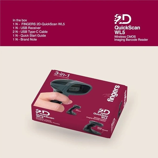 SKU-0337/ BARCODE SCANNER- WIRELESS- FINGERS 2D-QuickScan WL5 Wireless Barcode Scanner (2D Technology, 3-in-1: Bluetooth | Wireless with 2.4 GHz USB Receiver | Wired with Type-C Cable)