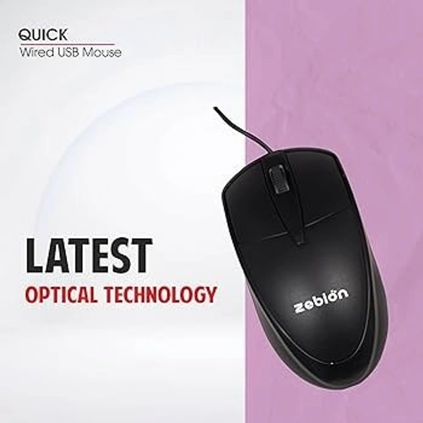 SKU-0170/ MOUSE- USB WIRED- Zebion Quick Wired Mouse with DPI 1000, Ergonomic Design with Comfortable Feel, Ergonomic Design, Latest Optical Technology, 1 Year Warranty, Black Color