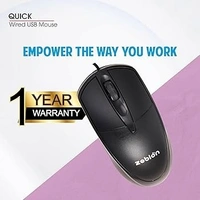 SKU-0170/ MOUSE- USB WIRED- Zebion Quick Wired Mouse with DPI 1000, Ergonomic Design with Comfortable Feel, Ergonomic Design, Latest Optical Technology, 1 Year Warranty, Black Color