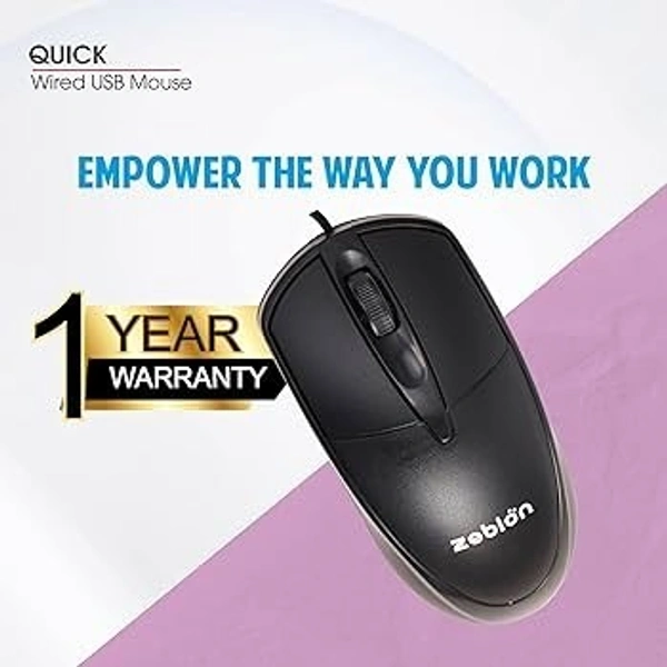 SKU-0170/ MOUSE- USB WIRED- Zebion Quick Wired Mouse with DPI 1000, Ergonomic Design with Comfortable Feel, Ergonomic Design, Latest Optical Technology, 1 Year Warranty, Black Color