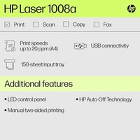 SKU-0498/ HP Laser 1008a Printer, Single Function, Print, Hi-Speed USB 2.0, Up to 21 ppm, 150-sheet Input Tray, 100-sheet Output Tray, 10,000-page Duty Cycle, 1-Year Warranty, Black and White, 714Z8A