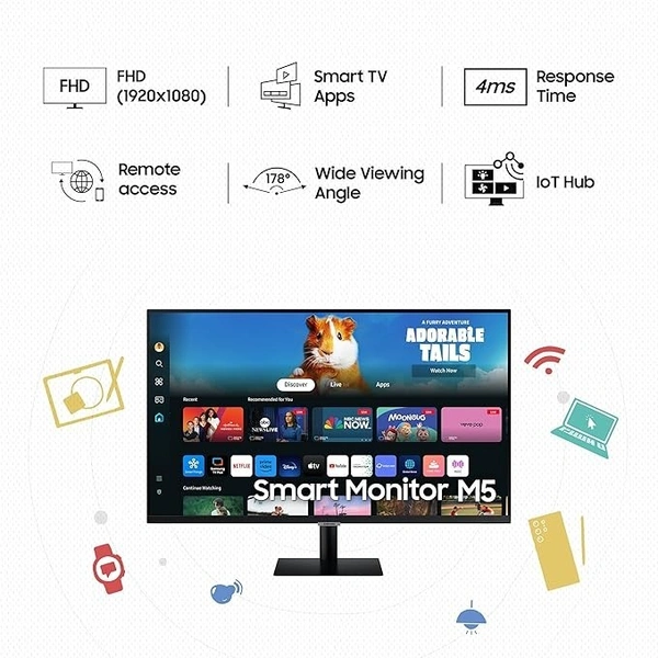 SKU-0556/ SIZE- 27" -Samsung 27" (68.6cm) M5 Smart Monitor with Smart TV Experience|FHD 1920 x 1080|Bezeless|OTT Apps|IoT Hub|Office 365|Workout Tracker|Speakers|Remote|Wi-Fi|Bluetooth|LS27BM500EWXXL|Black
