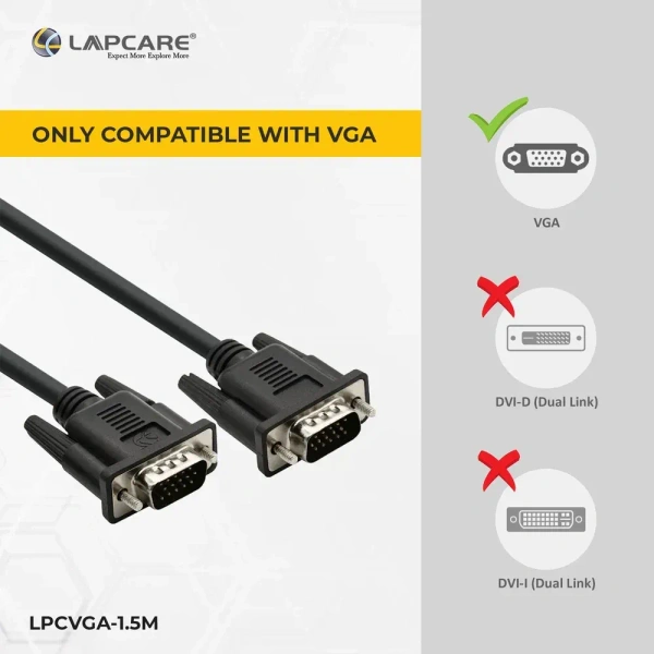 SKU-0420/ VGA CABLE- 1.5MTR- LAPCARE- Lapcare Premium VGA Cable, 15Pin Male to Male (1.5M)-Black- 1 Year Warrenty