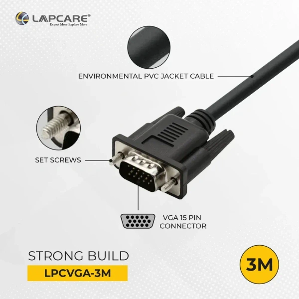 SKU-0420/ VGA CABLE- 1.5MTR- LAPCARE- Lapcare Premium VGA Cable, 15Pin Male to Male (1.5M)-Black- 1 Year Warrenty