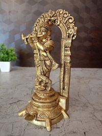 DecorsOne Brass Krishna with Arch Standing on Tortoise Idol- 9″