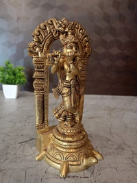 DecorsOne Brass Krishna with Arch Standing on Tortoise Idol- 9″