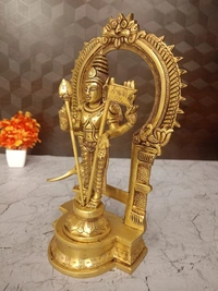 Brass Murugan Idol with Well Desgined with Prabhavali | Brass Thiruchendur Murugan, Embrace Multifaceted Divine Power with Our Four-Armed Brass Murugan Statue