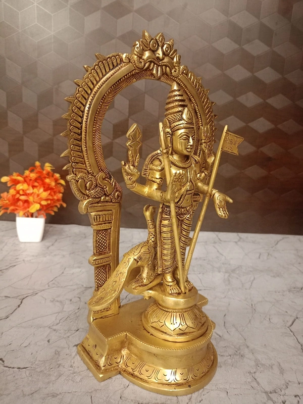 Brass Murugan Idol with Well Desgined with Prabhavali | Brass Thiruchendur Murugan, Embrace Multifaceted Divine Power with Our Four-Armed Brass Murugan Statue