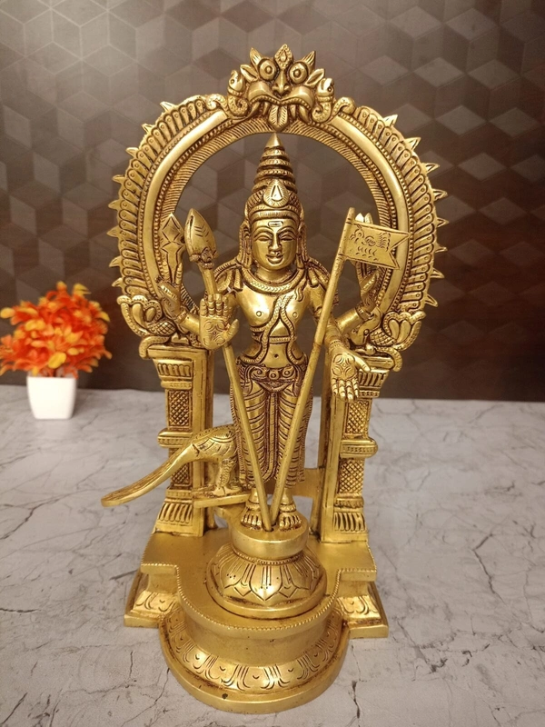 Brass Murugan Idol with Well Desgined with Prabhavali | Brass Thiruchendur Murugan, Embrace Multifaceted Divine Power with Our Four-Armed Brass Murugan Statue
