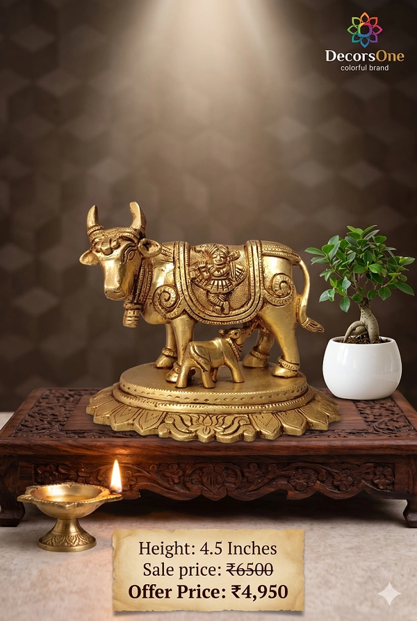 Buy Brass Cow And Calf Statue With Lotus Leaf Base Design
