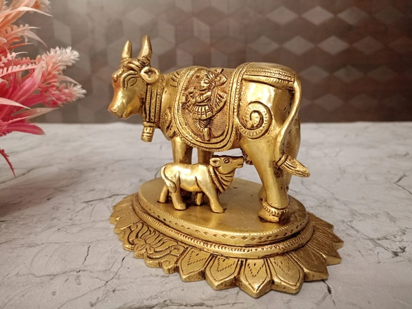 Buy Brass Cow And Calf Statue With Lotus Leaf Base Design