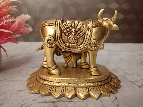 Buy Brass Cow And Calf Statue With Lotus Leaf Base Design