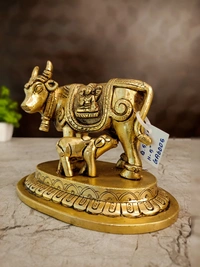 DecorsOne Brass Cow and Calf Idol with Lakshmi And Ganesha 5"
