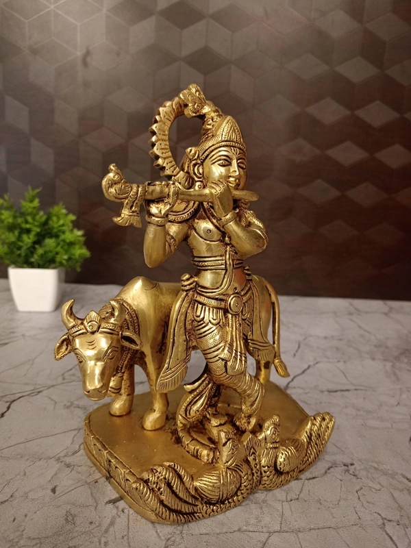 Brass Krishna With Cow Idol