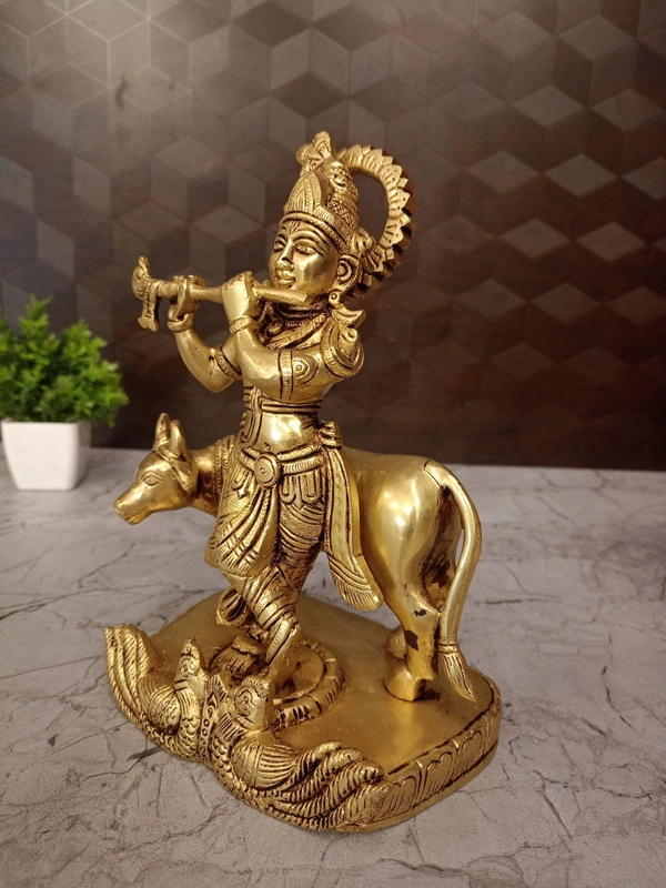 Brass Krishna With Cow Idol