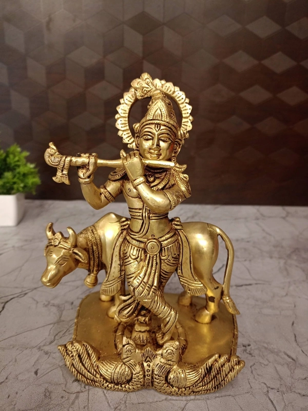 Brass Krishna With Cow Idol