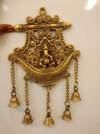 Brass Wall Mount Ganesha Plate With Bell , Pure And Antique Finish , Handicraft Statue