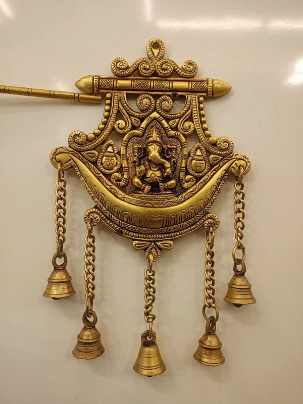 Brass Wall Mount Ganesha Plate With Bell , Pure And Antique Finish , Handicraft Statue