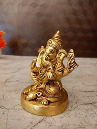 Brass Ganesha Sitting On Mouse / Unique and Handicraft Idol , Antique Finish