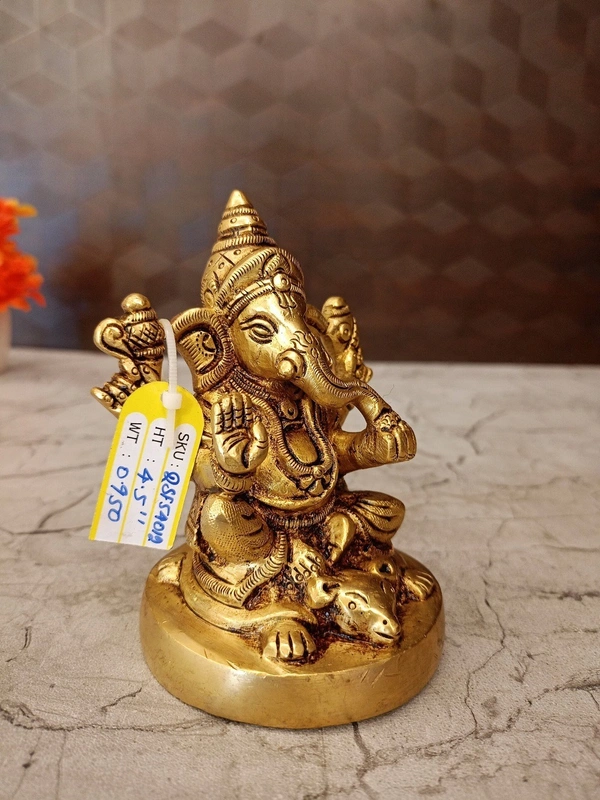Brass Ganesha Sitting On Mouse / Unique and Handicraft Idol , Antique Finish