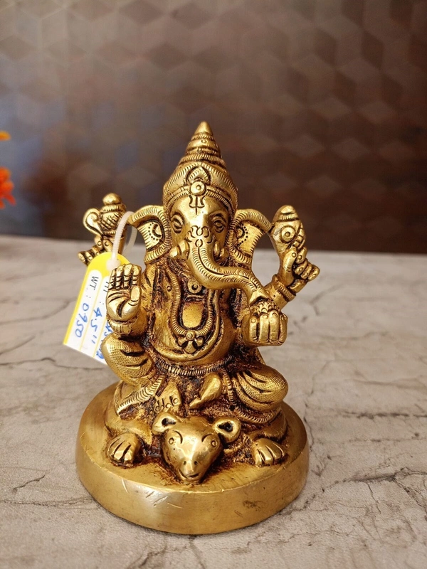 Brass Ganesha Sitting On Mouse / Unique and Handicraft Idol , Antique Finish