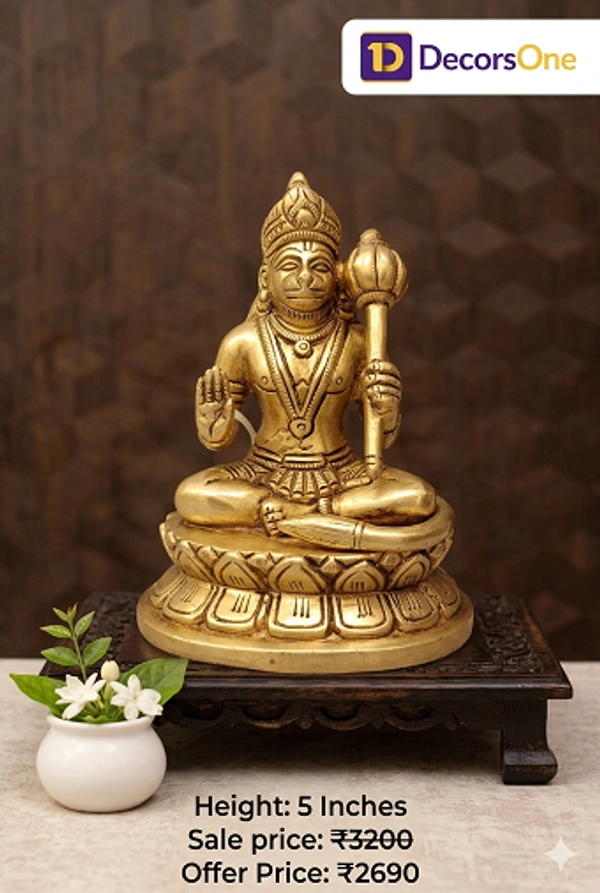 Brass Hanuman Idol Sitting On Lotus Oval Base