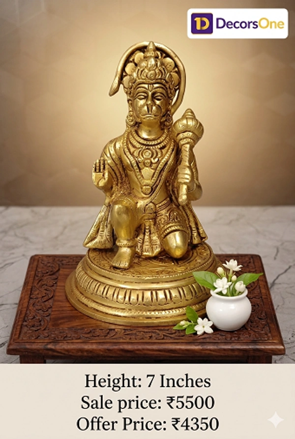 Brass Hanuman Statue Sitting On Round Base