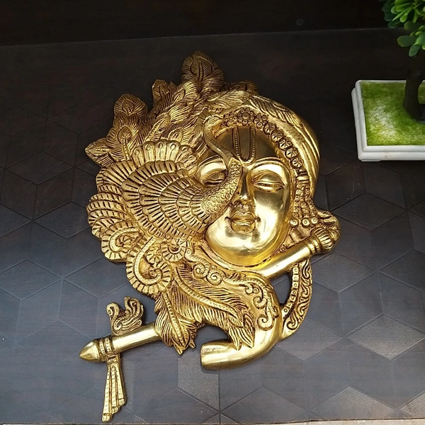 Brass Krishna Face with Flute Wall Hanging