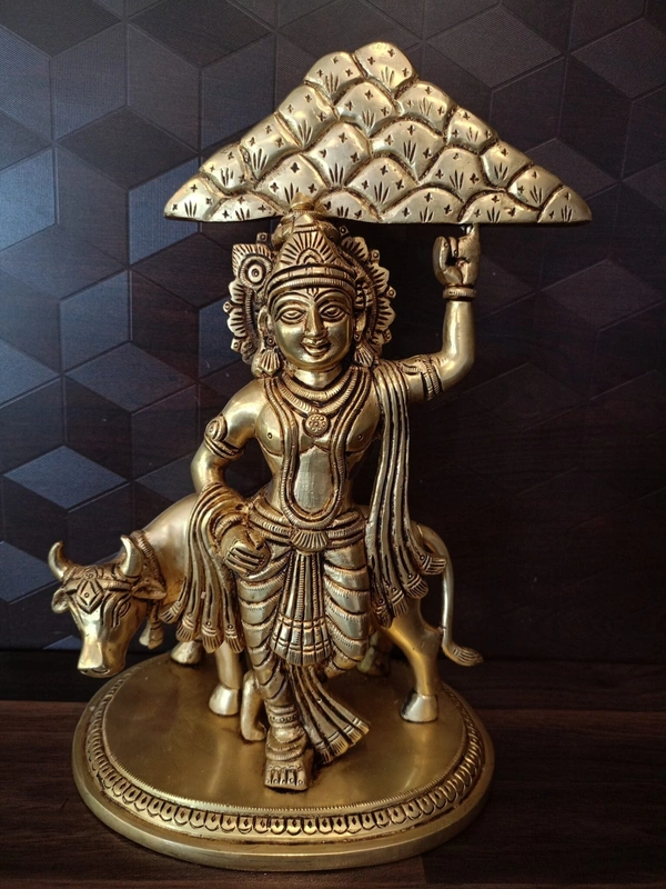 Buy Brass Krishna Idol with Goverdhan mountain