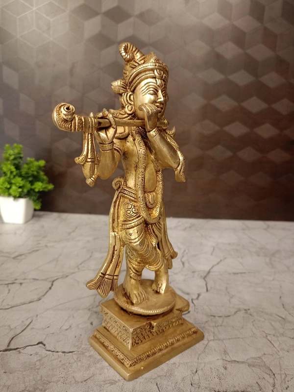 DecorsOne Brass Krishna with Square and Round Base- 9.5″